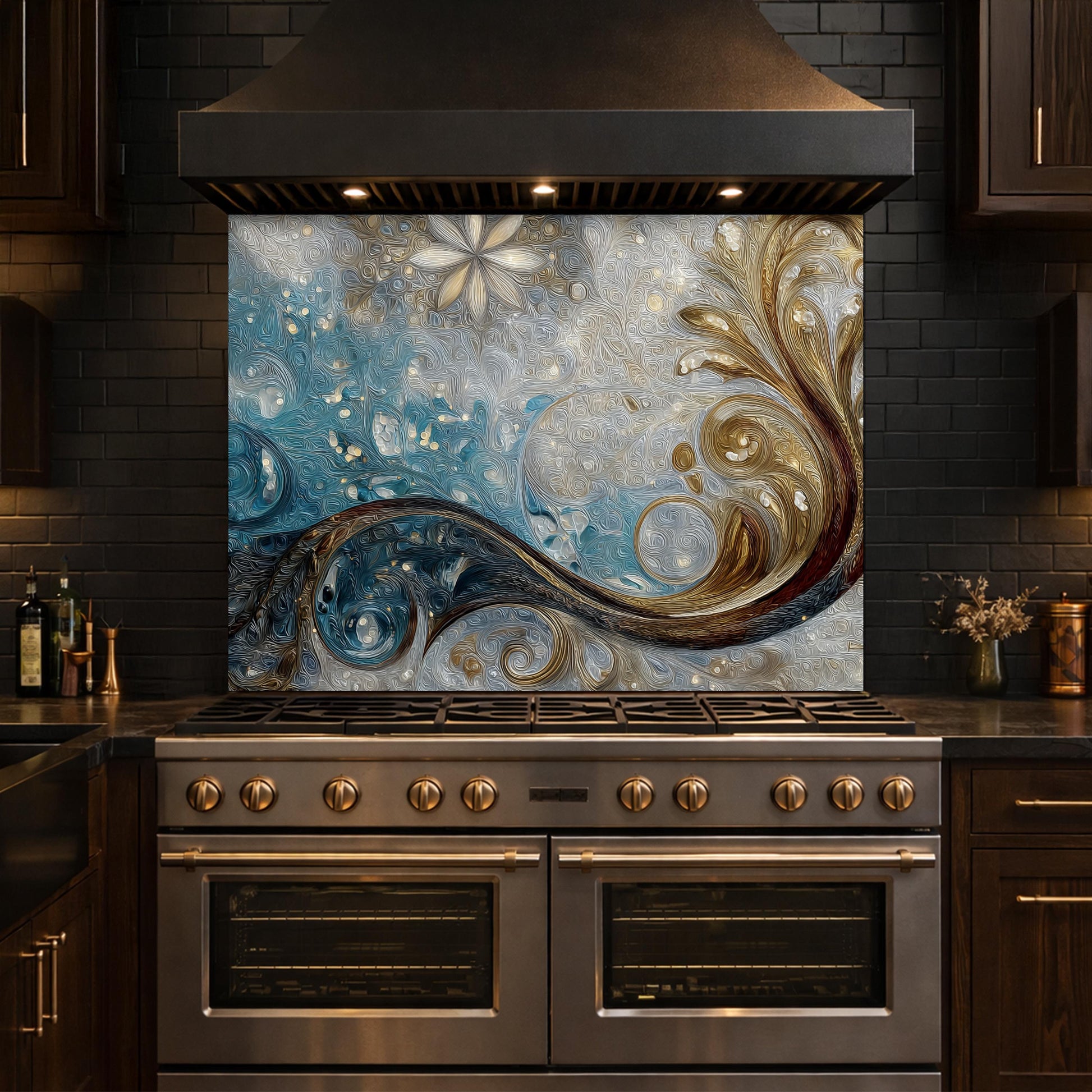 Tempered Glass Kitchen Backsplash, Blue Gold Abstract Wave Stove Guard Wall Decor