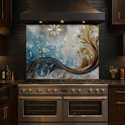 Tempered Glass Kitchen Backsplash, Blue Gold Abstract Wave Stove Guard Wall Decor