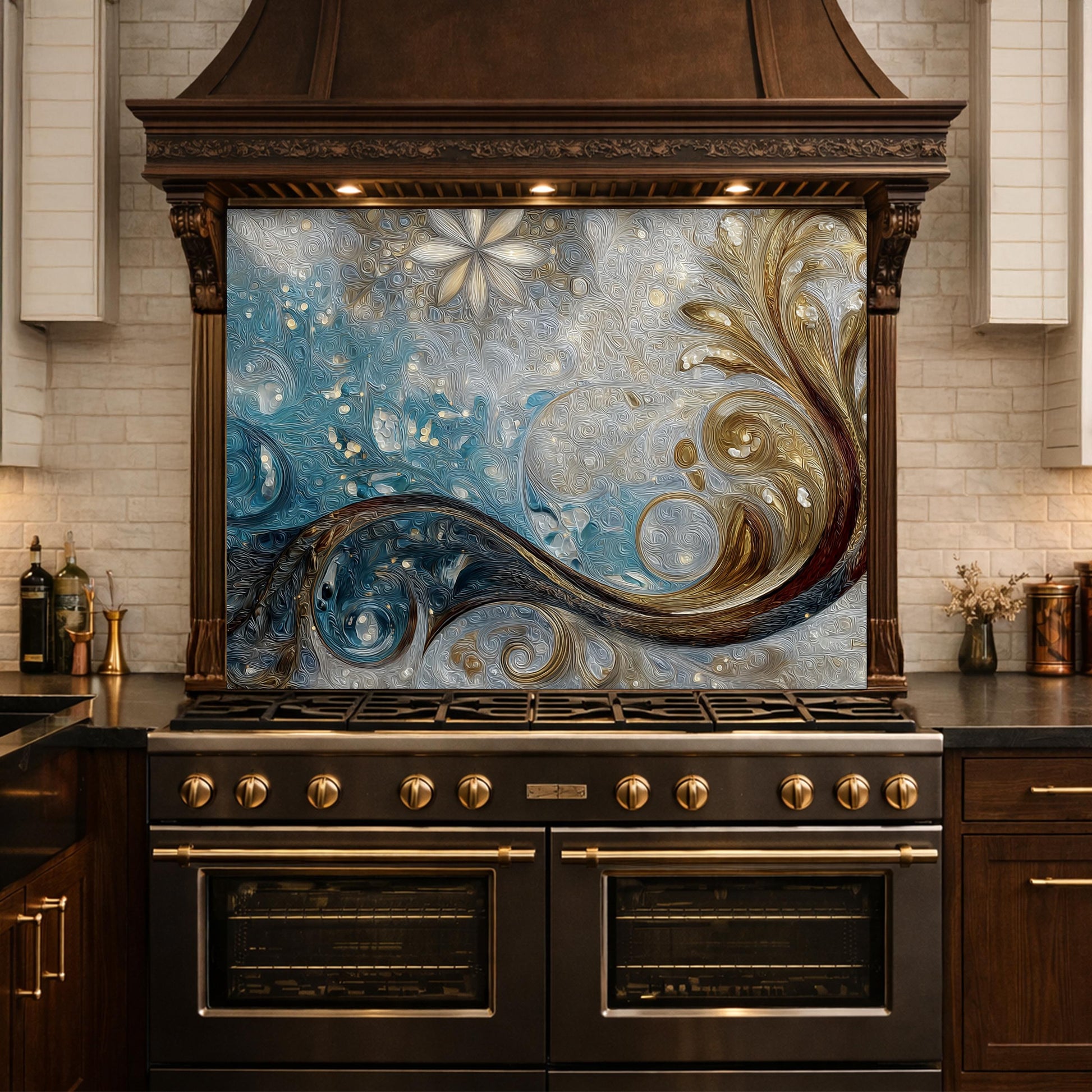 Tempered Glass Kitchen Backsplash, Blue Gold Abstract Wave Stove Guard Wall Decor