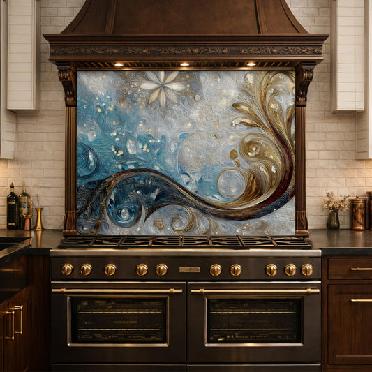 Tempered Glass Kitchen Backsplash, Blue Gold Abstract Wave Stove Guard Wall Decor