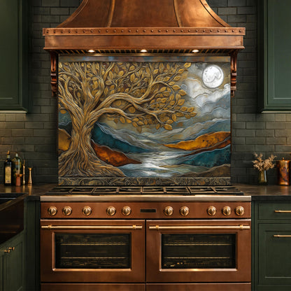 Tempered Glass Kitchen Backsplash, Golden Tree Moon Landscape, Blue Copper Nature Art