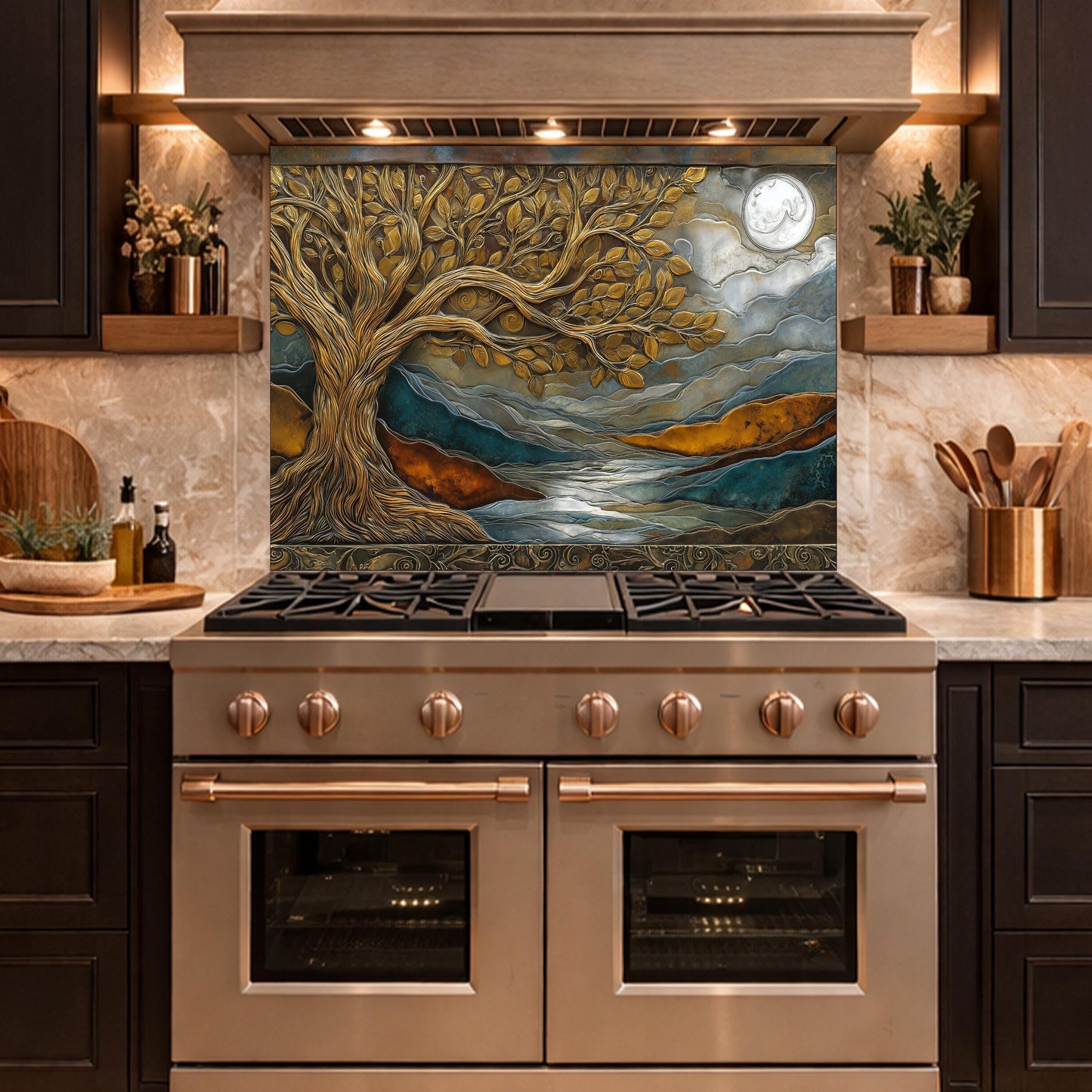 Tempered Glass Kitchen Backsplash, Golden Tree Moon Landscape, Blue Copper Nature Art