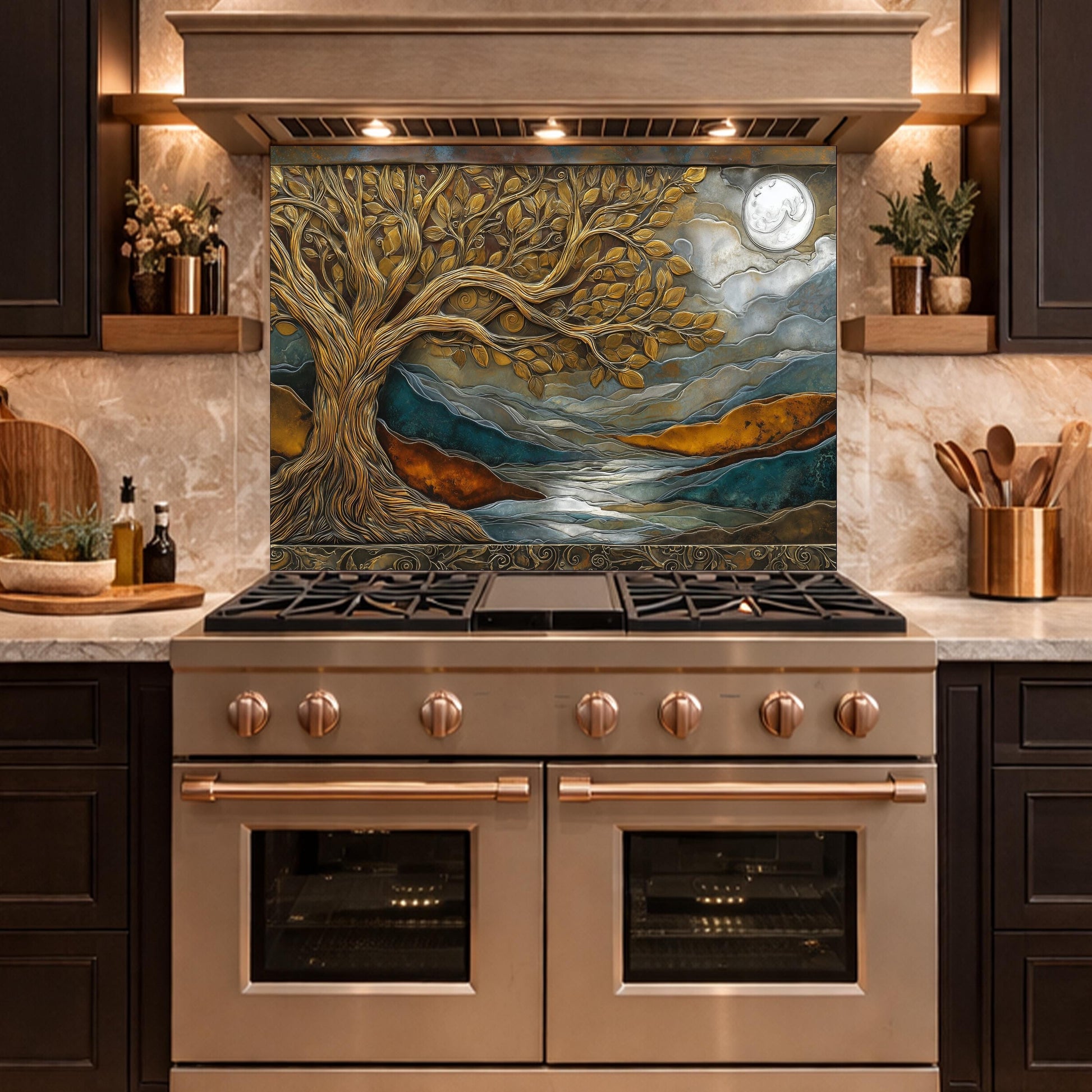 Tempered Glass Kitchen Backsplash, Golden Tree Moon Landscape, Blue Copper Nature Art