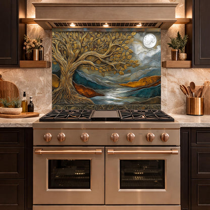 Tempered Glass Kitchen Backsplash, Golden Tree Moon Landscape, Blue Copper Nature Art