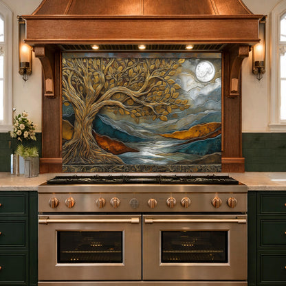 Tempered Glass Kitchen Backsplash, Golden Tree Moon Landscape, Blue Copper Nature Art