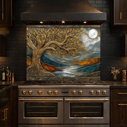 Tempered Glass Kitchen Backsplash, Golden Tree Moon Landscape, Blue Copper Nature Art