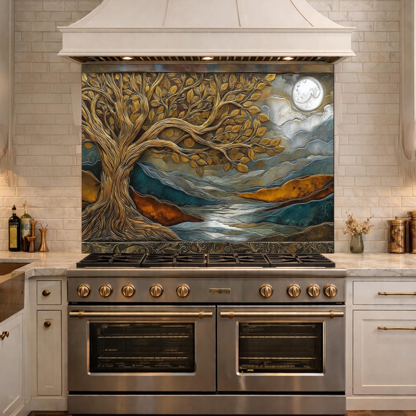 Tempered Glass Kitchen Backsplash, Golden Tree Moon Landscape, Blue Copper Nature Art
