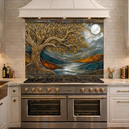 Tempered Glass Kitchen Backsplash, Golden Tree Moon Landscape, Blue Copper Nature Art