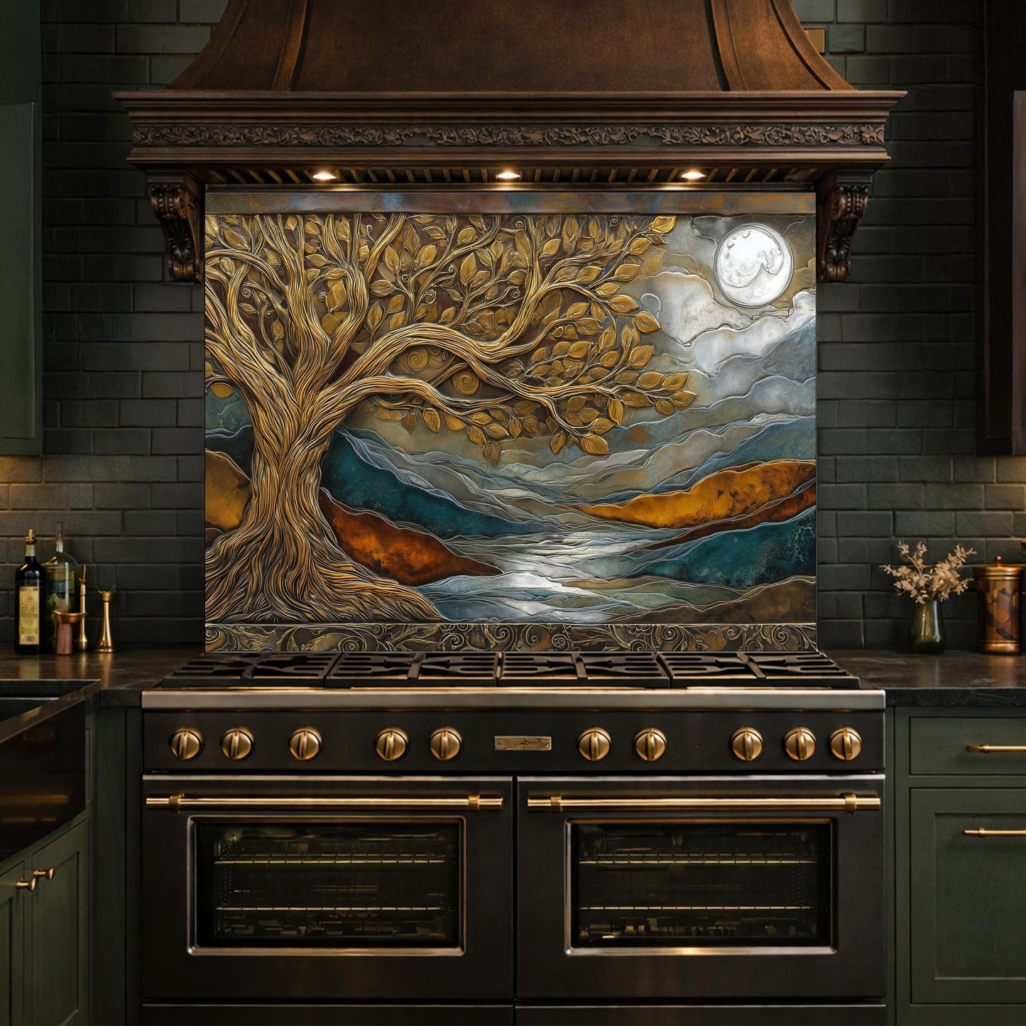 Tempered Glass Kitchen Backsplash, Golden Tree Moon Landscape, Blue Copper Nature Art