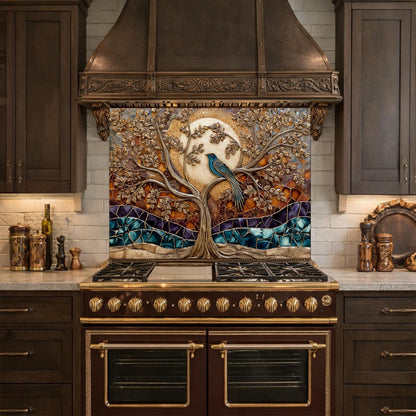 Tempered Glass Kitchen Backsplash Panel, Stained Glass Tree Bird Art, Stove Guard Wall Decor