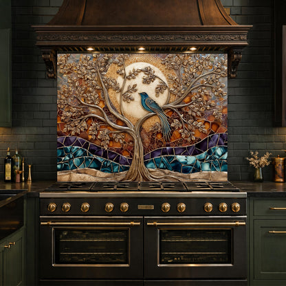 Tempered Glass Kitchen Backsplash Panel, Stained Glass Tree Bird Art, Stove Guard Wall Decor