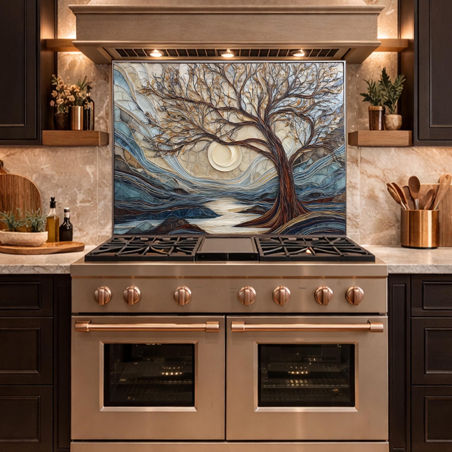 Tempered Glass Tree Landscape Kitchen Backsplash Panel, Glass Mosaic Nature Art Moon Wall Decor