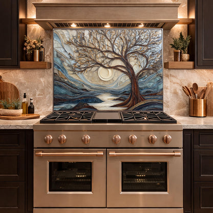 Tempered Glass Tree Landscape Kitchen Backsplash Panel, Glass Mosaic Nature Art Moon Wall Decor