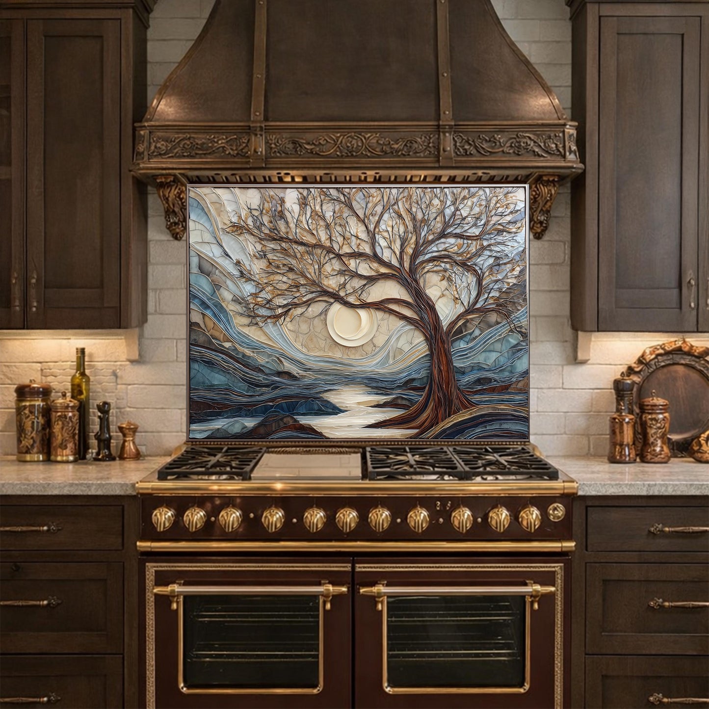 Tempered Glass Tree Landscape Kitchen Backsplash Panel, Glass Mosaic Nature Art Moon Wall Decor