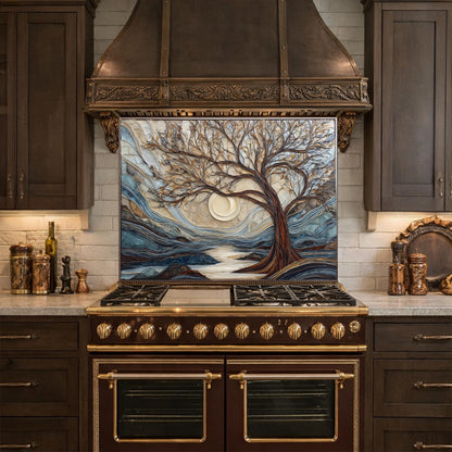 Tempered Glass Tree Landscape Kitchen Backsplash Panel, Glass Mosaic Nature Art Moon Wall Decor