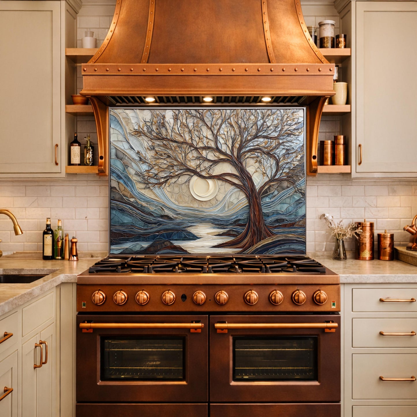 Tempered Glass Tree Landscape Kitchen Backsplash Panel, Glass Mosaic Nature Art Moon Wall Decor