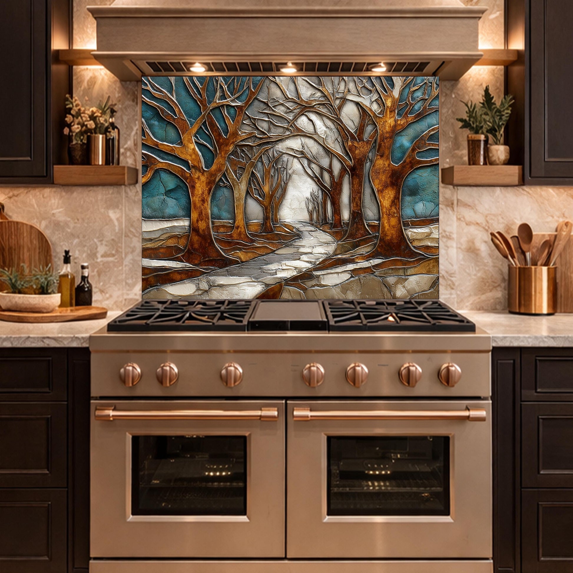 Tempered Glass Kitchen Backsplash, Forest Path Tree Landscape Art Stove Guard