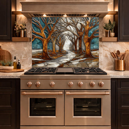 Tempered Glass Kitchen Backsplash, Forest Path Tree Landscape Art Stove Guard