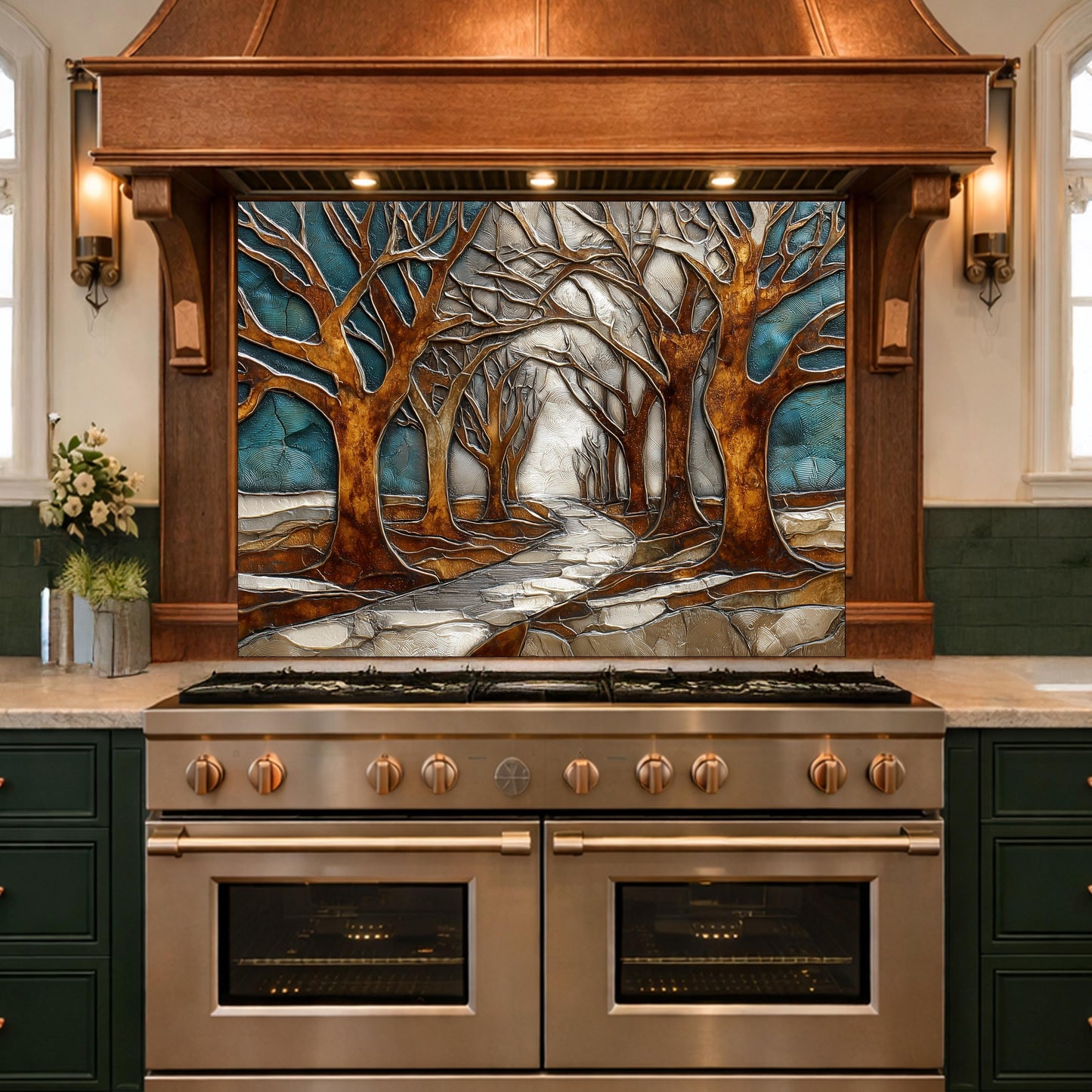 Tempered Glass Kitchen Backsplash, Forest Path Tree Landscape Art Stove Guard