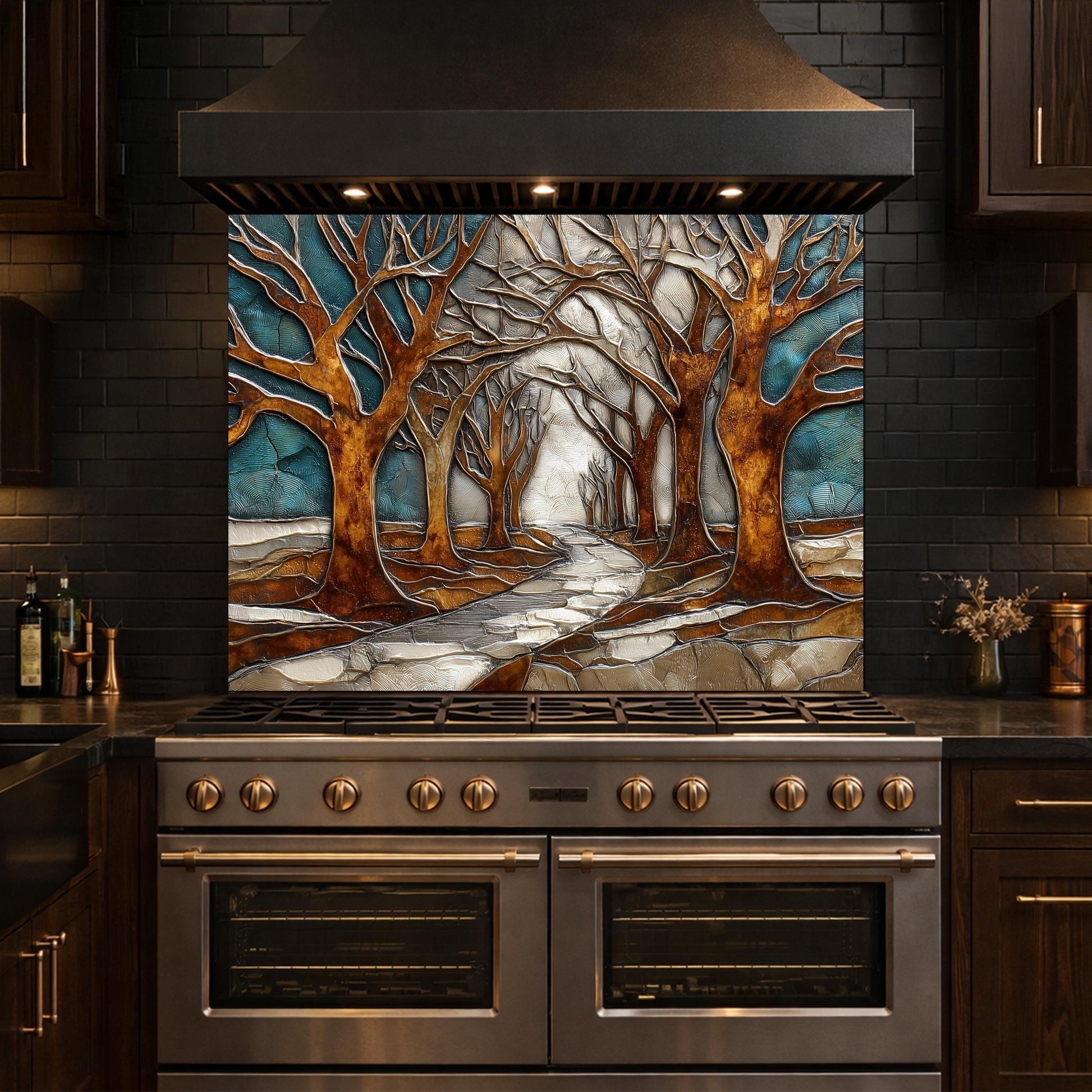Tempered Glass Kitchen Backsplash, Forest Path Tree Landscape Art Stove Guard
