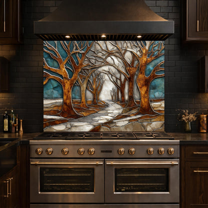 Tempered Glass Kitchen Backsplash, Forest Path Tree Landscape Art Stove Guard