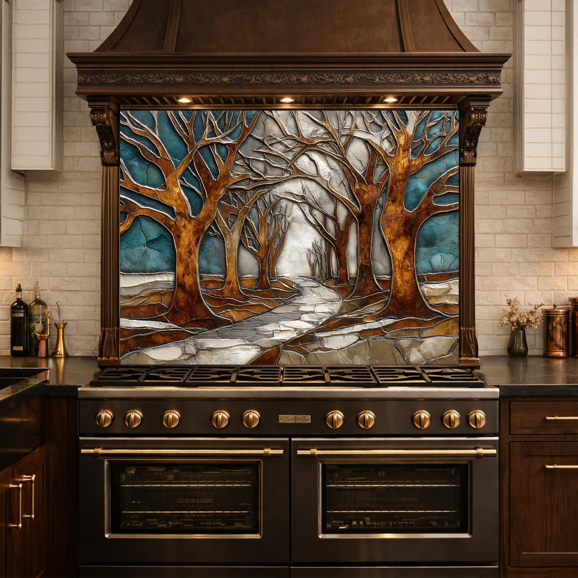 Tempered Glass Kitchen Backsplash, Forest Path Tree Landscape Art Stove Guard