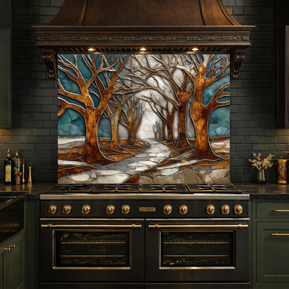 Tempered Glass Kitchen Backsplash, Forest Path Tree Landscape Art Stove Guard
