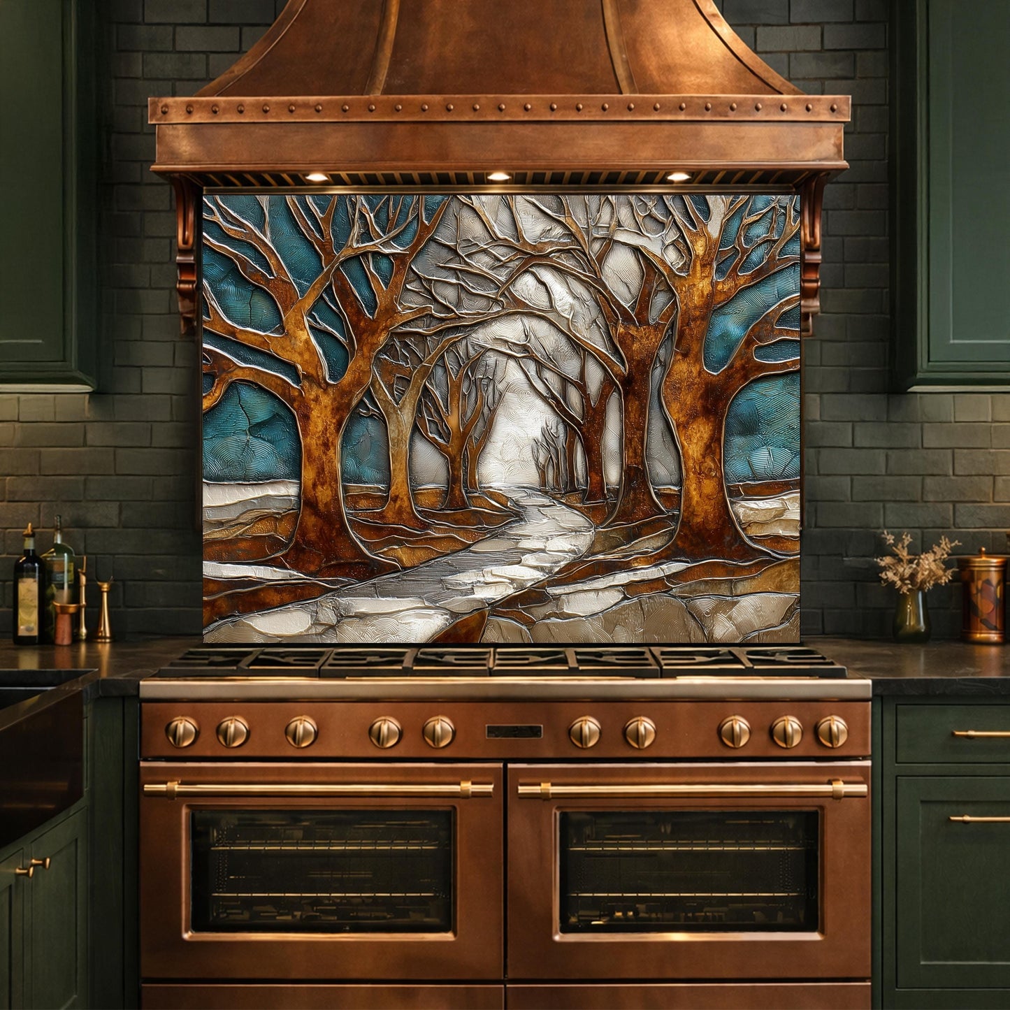 Tempered Glass Kitchen Backsplash, Forest Path Tree Landscape Art Stove Guard