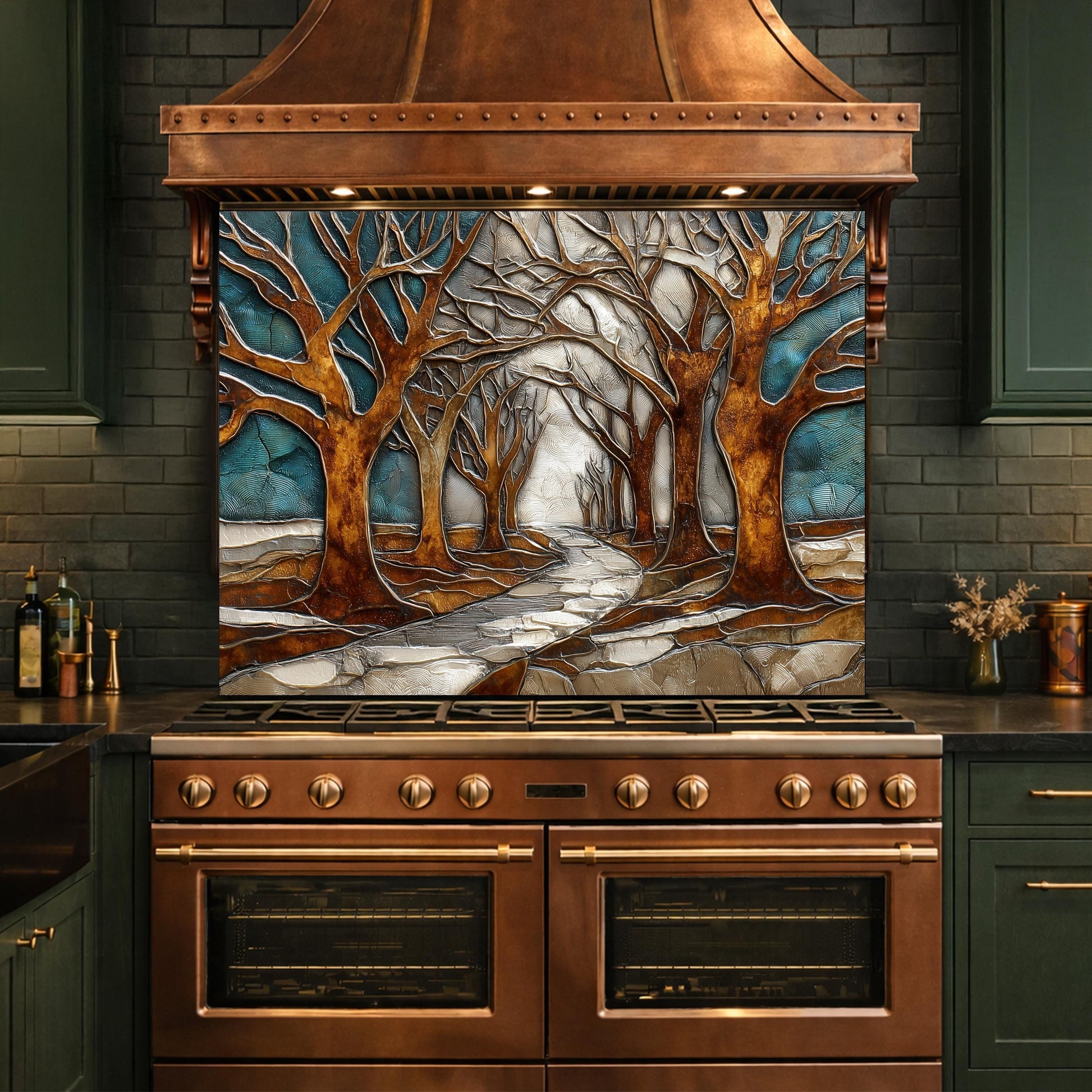 Tempered Glass Kitchen Backsplash, Forest Path Tree Landscape Art Stove Guard