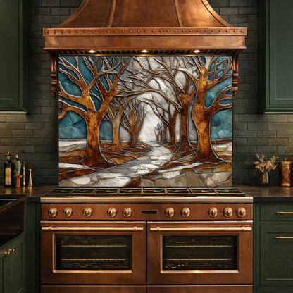 Tempered Glass Kitchen Backsplash, Forest Path Tree Landscape Art Stove Guard