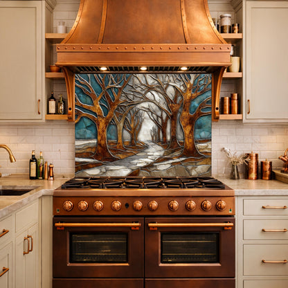 Tempered Glass Kitchen Backsplash, Forest Path Tree Landscape Art Stove Guard