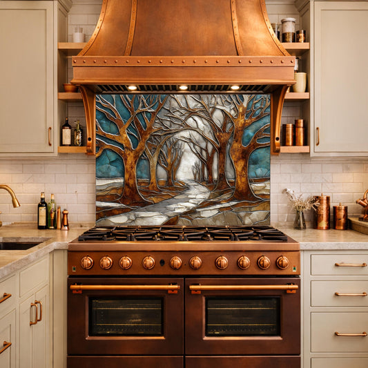 Tempered Glass Kitchen Backsplash, Forest Path Tree Landscape Art Stove Guard