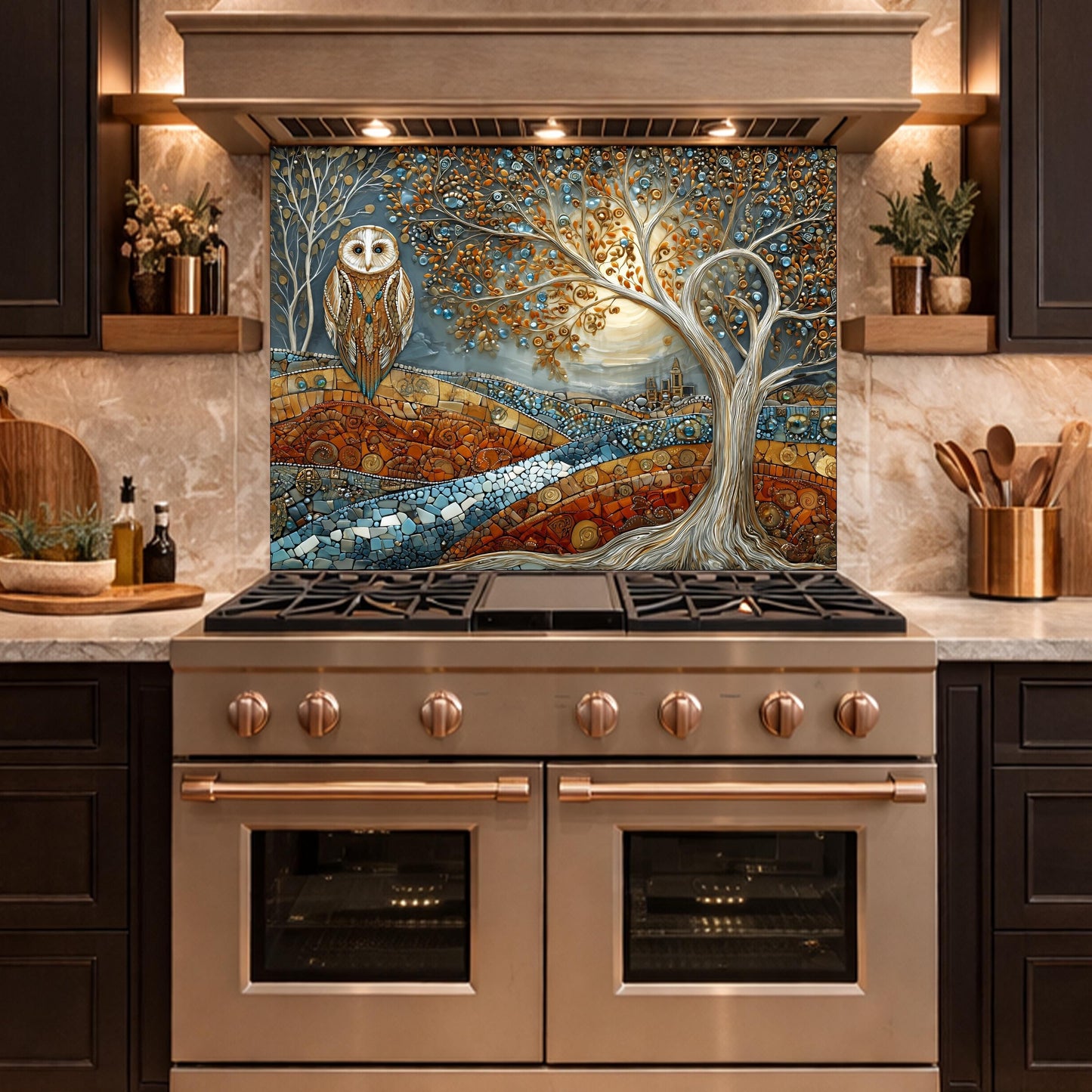 Owl Tree Mosaic Glass Kitchen Backsplash Panel, Stained Glass Landscape Art, Tempered Stove Guard