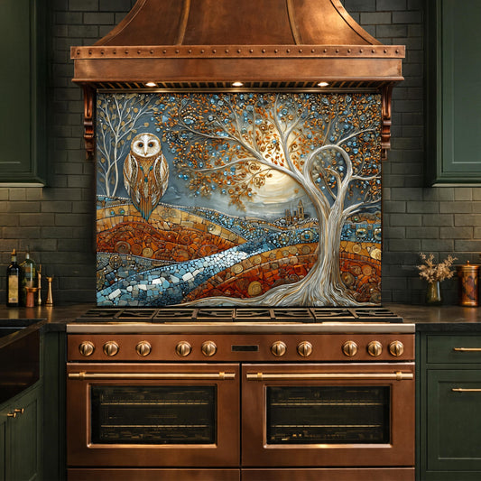 Owl Tree Mosaic Glass Kitchen Backsplash Panel, Stained Glass Landscape Art, Tempered Stove Guard