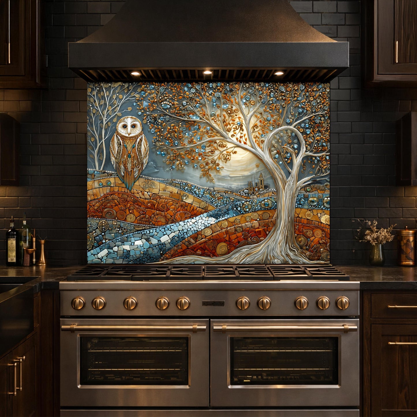 Owl Tree Mosaic Glass Kitchen Backsplash Panel, Stained Glass Landscape Art, Tempered Stove Guard