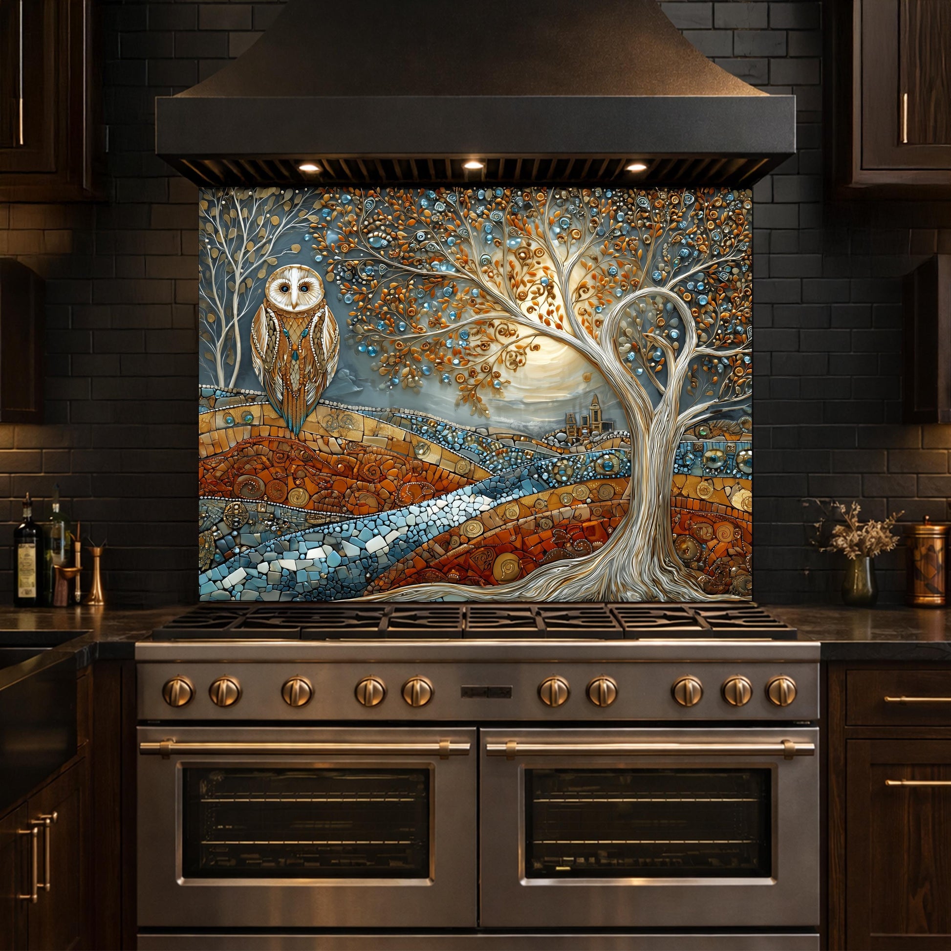 Owl Tree Mosaic Glass Kitchen Backsplash Panel, Stained Glass Landscape Art, Tempered Stove Guard