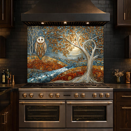 Owl Tree Mosaic Glass Kitchen Backsplash Panel, Stained Glass Landscape Art, Tempered Stove Guard