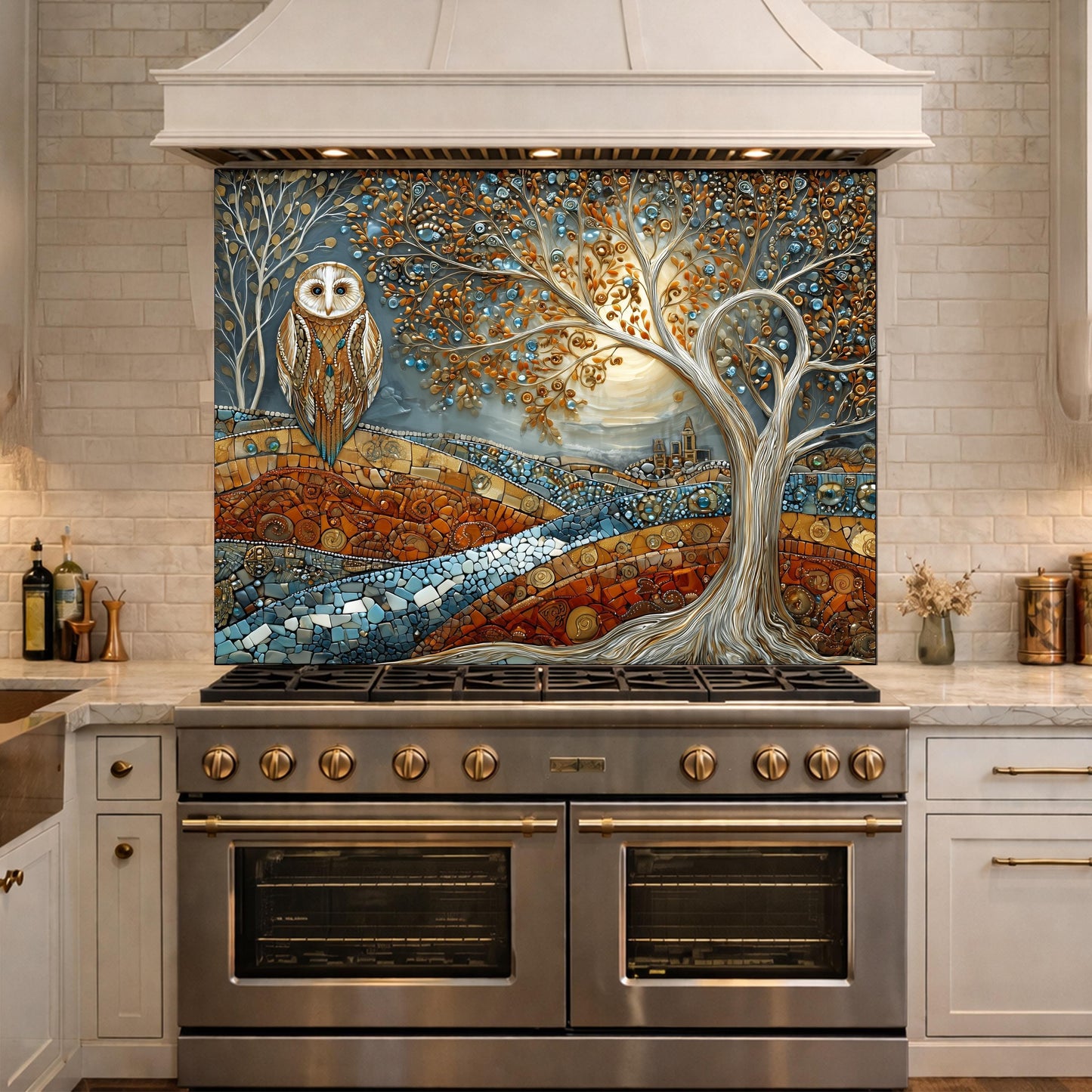 Owl Tree Mosaic Glass Kitchen Backsplash Panel, Stained Glass Landscape Art, Tempered Stove Guard