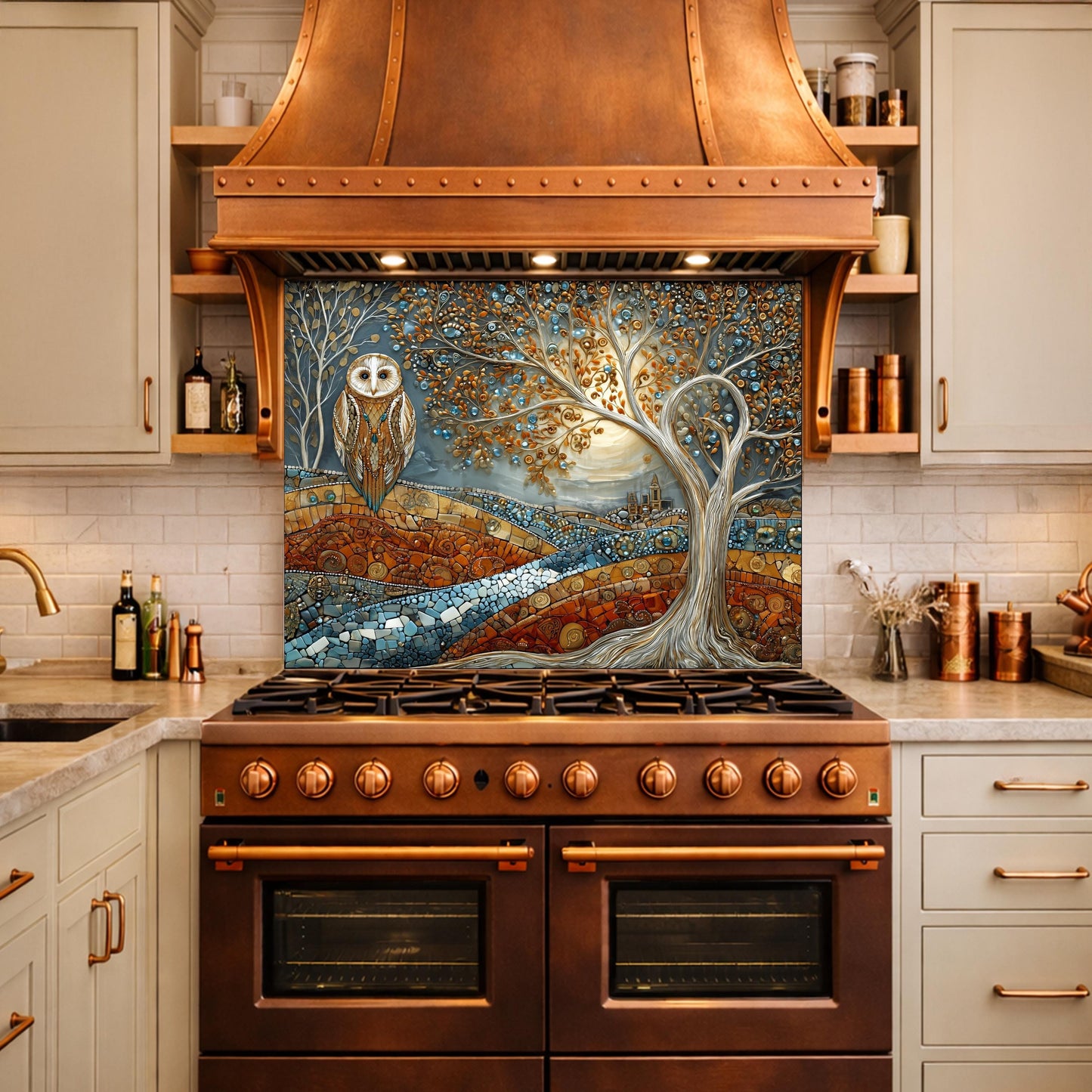 Owl Tree Mosaic Glass Kitchen Backsplash Panel, Stained Glass Landscape Art, Tempered Stove Guard