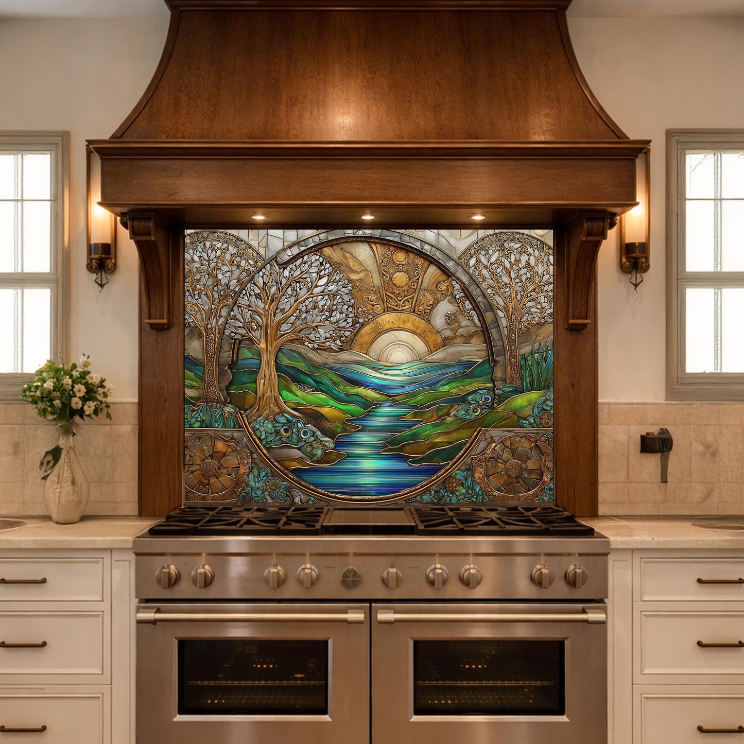 Tempered Glass Sunset River Landscape Kitchen Backsplash Panel, Stained Glass Art Stove Guard