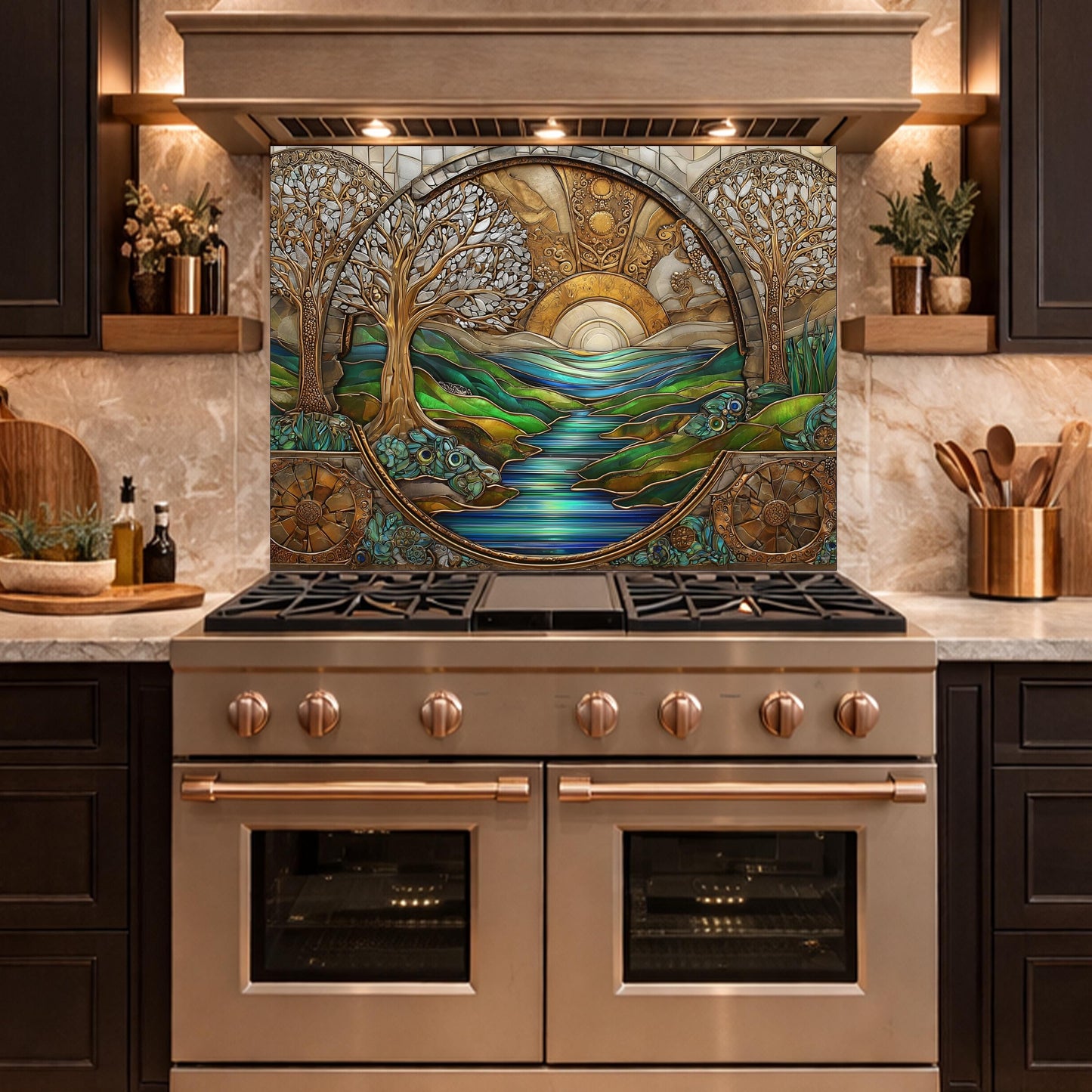 Tempered Glass Sunset River Landscape Kitchen Backsplash Panel, Stained Glass Art Stove Guard