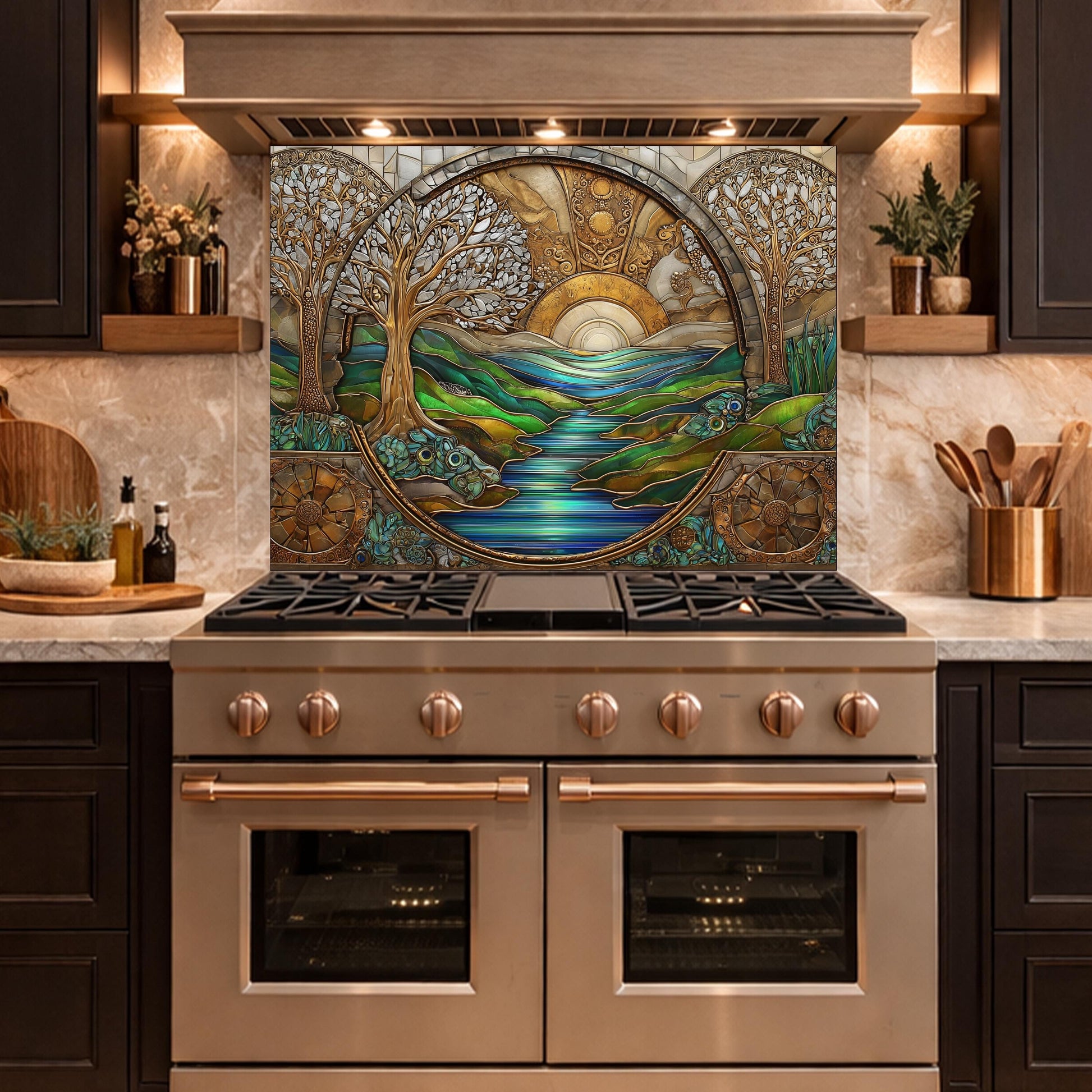 Tempered Glass Sunset River Landscape Kitchen Backsplash Panel, Stained Glass Art Stove Guard