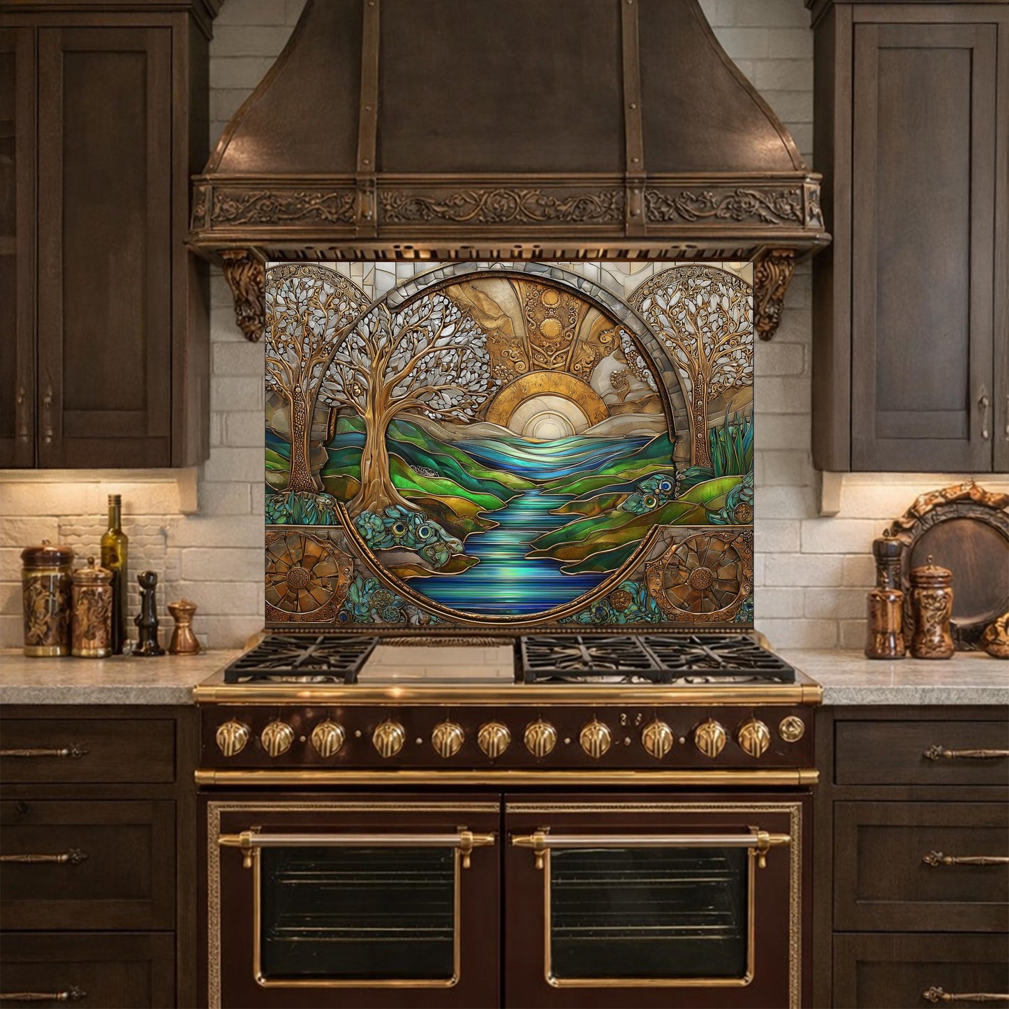 Tempered Glass Sunset River Landscape Kitchen Backsplash Panel, Stained Glass Art Stove Guard