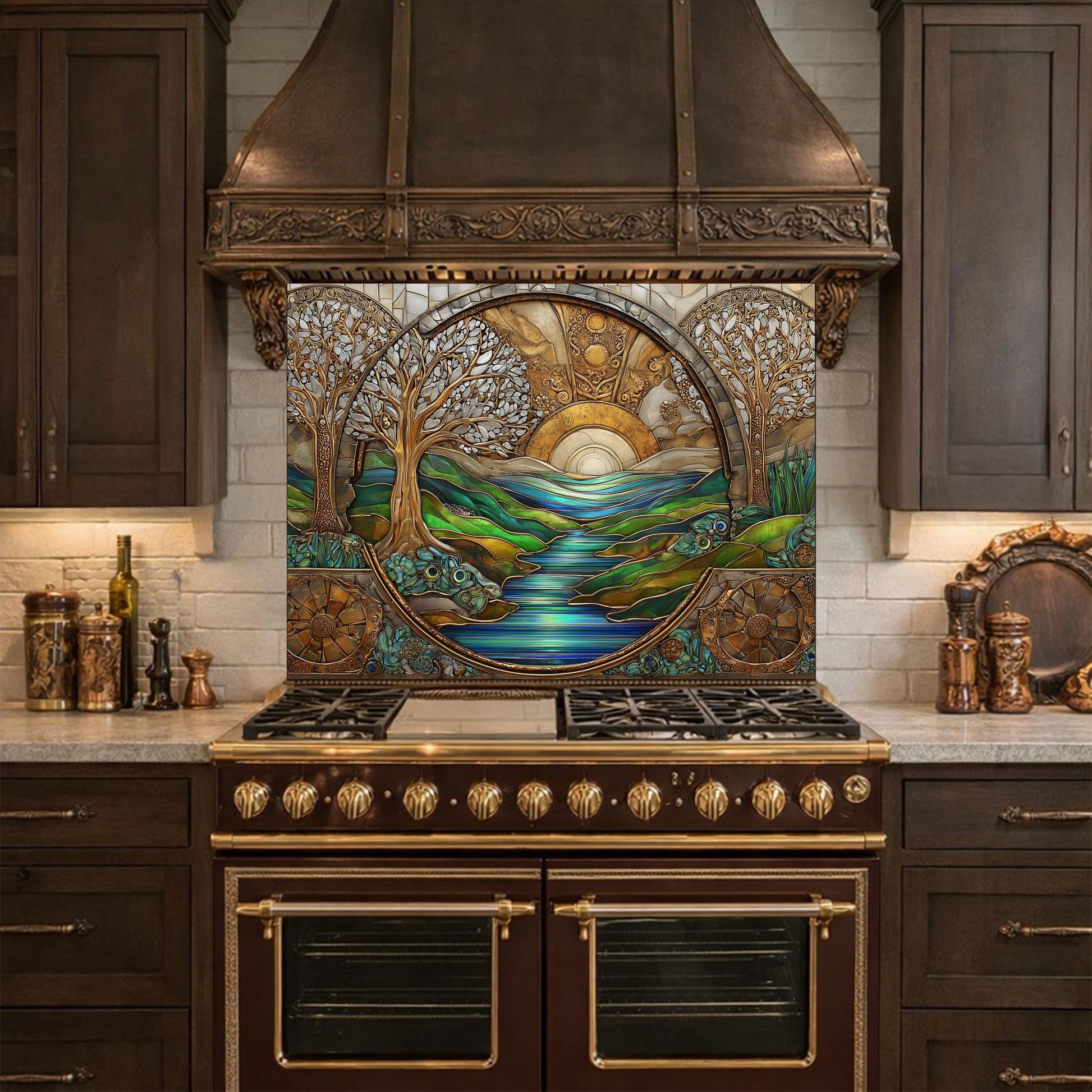 Tempered Glass Sunset River Landscape Kitchen Backsplash Panel, Stained Glass Art Stove Guard
