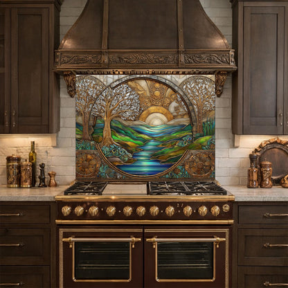 Tempered Glass Sunset River Landscape Kitchen Backsplash Panel, Stained Glass Art Stove Guard