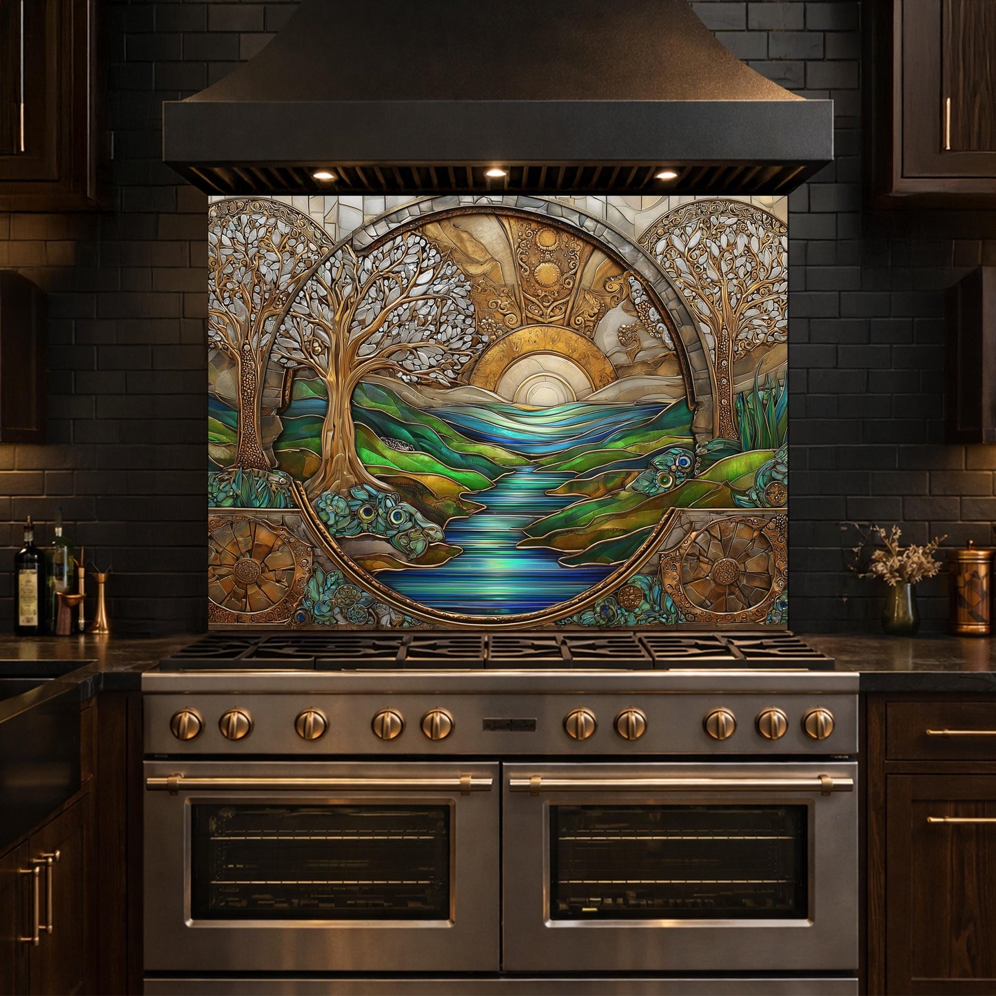 Tempered Glass Sunset River Landscape Kitchen Backsplash Panel, Stained Glass Art Stove Guard