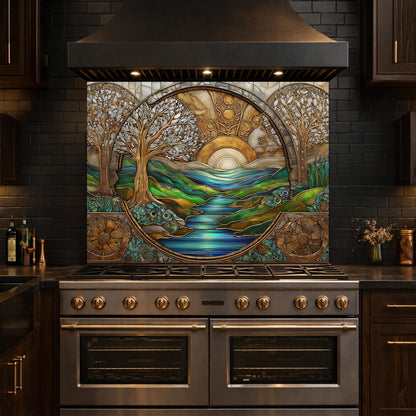 Tempered Glass Sunset River Landscape Kitchen Backsplash Panel, Stained Glass Art Stove Guard