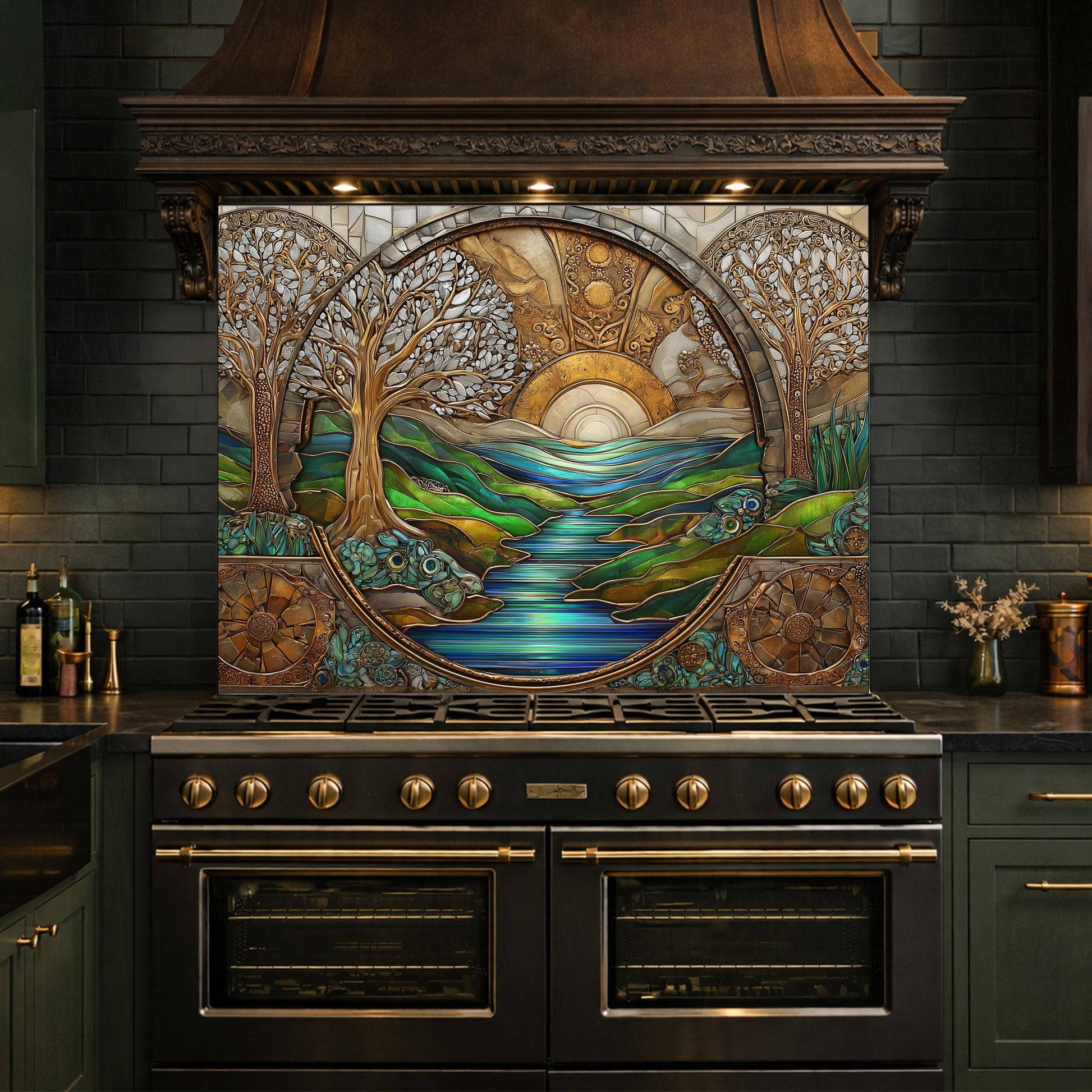 Tempered Glass Sunset River Landscape Kitchen Backsplash Panel, Stained Glass Art Stove Guard