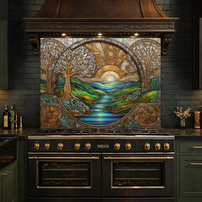 Tempered Glass Sunset River Landscape Kitchen Backsplash Panel, Stained Glass Art Stove Guard
