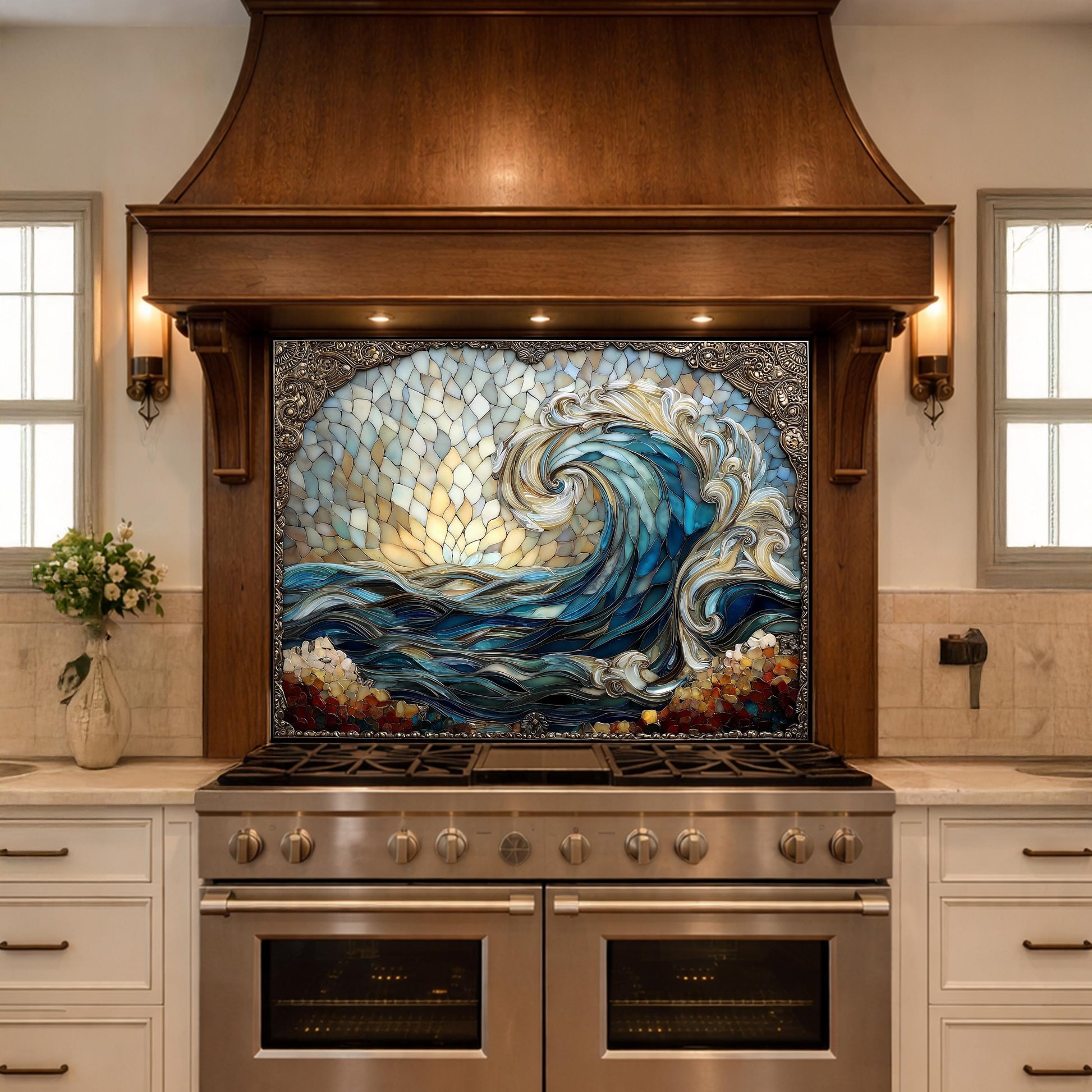 Ocean Wave Tempered Glass Kitchen Backsplash, Coastal Sunset Mosaic Stove Guard Wall Decor
